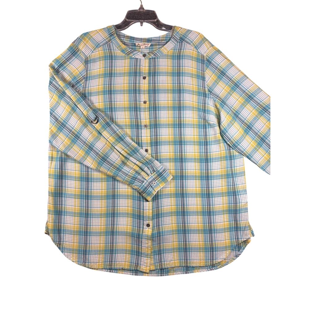 Jane and Delaney 1X Teal Yellow Plaid Rayon Button Front Blouse